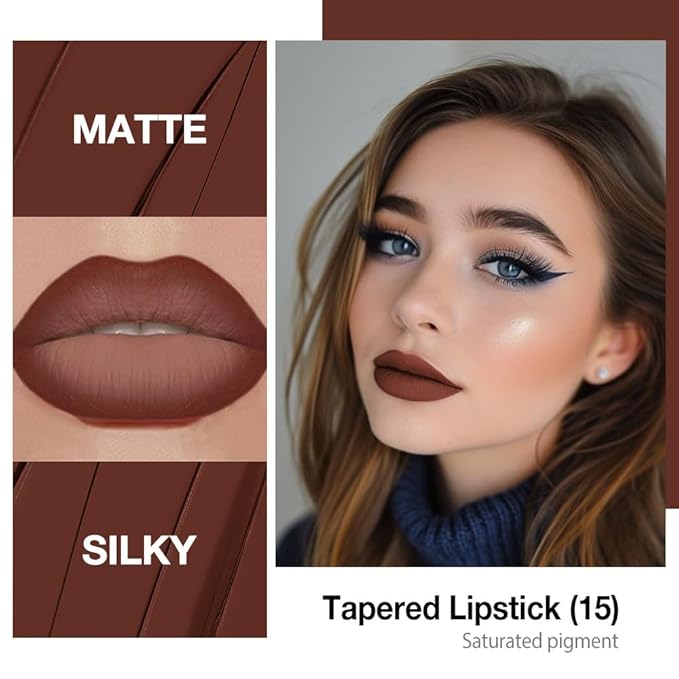 evpct Dark Brown Gradient Matte Lipstick Lip Liner Crayon Combo Pencil Set for Women Long Lasting Waterproof, Cocoa Brown Matte Cream Lip Liner and Lipstick Combo Makeup, Flawless Gradual Ombre Effect