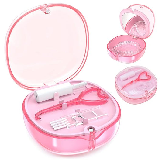 Pink Aligner and Retainer Case Double-layer Cute Slim Braces Night Mouth Guard Case with Remover Tool, Chew and Cleaning Brush, Built in Mirror Orthodontic Dental Retainer Container