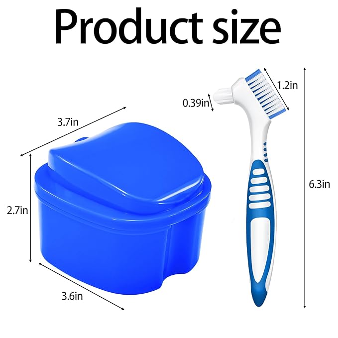 2 Pack Denture Bath Case Cup with Lid and Strainer Basket, Retainer Cleaner Case Dental False Teeth Container with 2 Travel Brushes, Lake Green and Dark Blue
