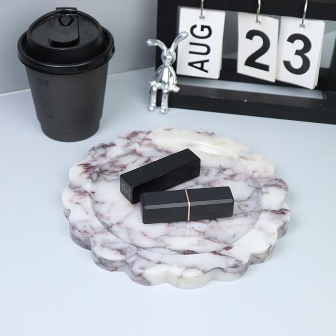 Round Marble Decorative Tray with Scalloped Edge, Luxury Natural Stone Bathroom Vanity Tray, Dresser Top Perfume Coffee Home Kitchen Sink Tray, Key Trinket Ring