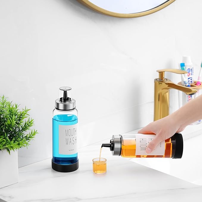 VITVITI 10OZ Mouthwash Dispenser for Bathroom, Glass Mouth Wash Container with Cup Lid, Clear Refillable Mouthwash Bottle Decanter with Silicone Pad/Labels, Set of 2