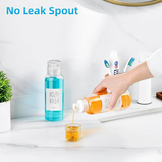 VITVITI Glass Mouthwash Dispenser for Bathroom, 10 OZ Mouth Wash Container Bottle with Lid Cup, Countertop Small Clear Refillable Mouthwash Dispensers Decanter (White)