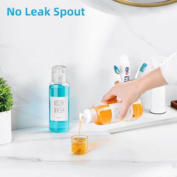 VITVITI Glass Mouthwash Dispenser for Bathroom, 10 OZ Mouth Wash Container Bottle with Lid Cup, Countertop Small Clear Refillable Mouthwash Dispensers Decanter, Set of 2 (White)