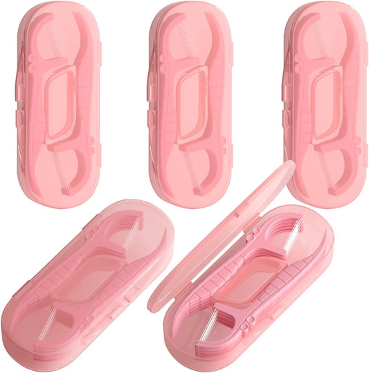 Holy Rose Pink Dental Floss Picks with Micro Travel Case - 5-Box Pack (10 Double String Flossers Each) - Easy Teeth Clean for Adults, Perfect for Home and On-The-Go Flossing