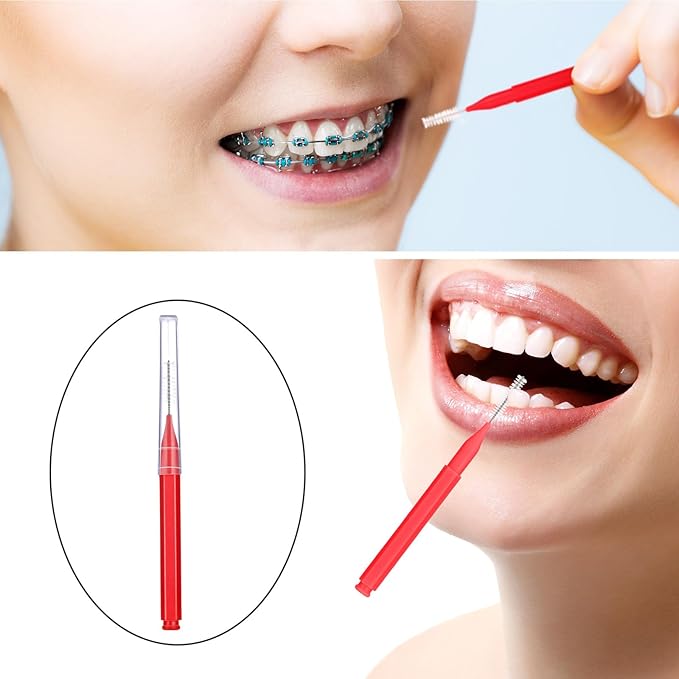 Patelai 100 Pieces Braces Brush for Cleaner Interdental Brush Toothpick Dental Tooth Flossing Head Oral Dental Hygiene Flosser Toothpick Cleaners Tooth Cleaning Tool(Red,Suitable Size)