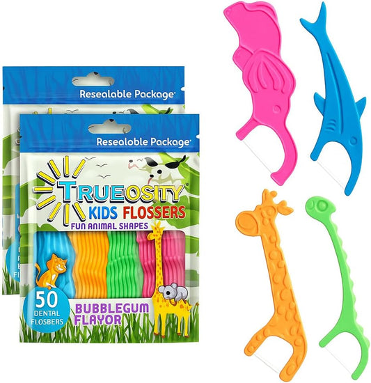 Kids Flossers 2 Pack (100 Total), Kids Floss Picks, Flossers Children, Floss Children, Animal Shapes, Glides Easy Between Teeth, Flosser Helps Prevent Tooth Decay & Gum Disease, Bubble Gum Flavored