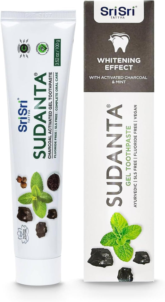 Sri Sri Tattva Sudanta Charcoal Toothpaste Gel – SLS, Fluoride Free Herbal Toothpaste with Neem & Ayurvedic Herbs – Natural Teeth Whitening, Fresh Breath, Oral & Gum Health – 100g Tube (Pack of 1)