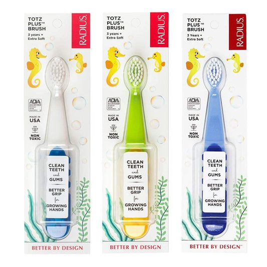 RADIUS Children's Toothbrush, Totz Plus Brush, Extra Soft Bristles, White/Green/Lightblue, BPA Free & ADA Accepted, for Delicate Teeth & Gums for Children 3 Years & Up, Pack of 3
