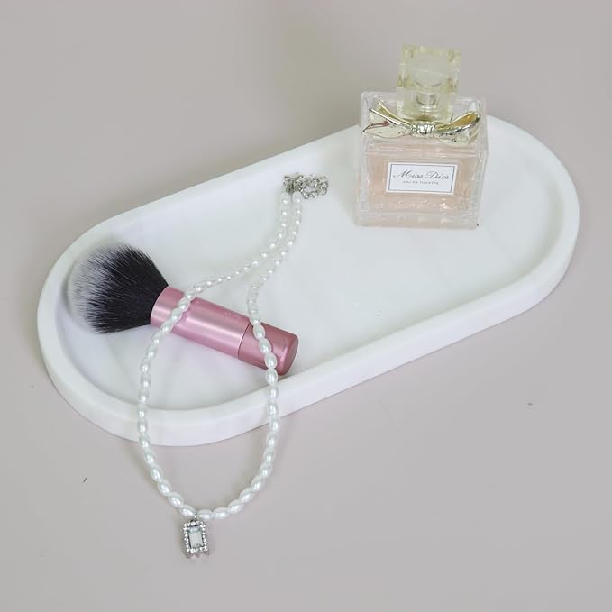Natural Marble Tray, Oval Vanity Decorative Tray for Bathroom Counter, Countertop Stone Organizer, Catchall Tray for Kitchen, Perfume, Candles, Jewelry Dish Decorative Tray