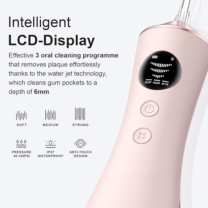 Water Dental Flosser for Teeth, Portable Cordless Water Flosser with 300ML Rechargeable with Type-C, IPX7 Waterproof Water Flossers for Adults with 3 Intensity Modes and 3 Flossing Tips Golden Pink