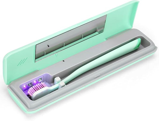 YourMate UVC Toothbrush Sanitizer Case Travel Toothbrush Covers Case for Traving or Business Trip Power by AA Battery or USB-C Cord Green