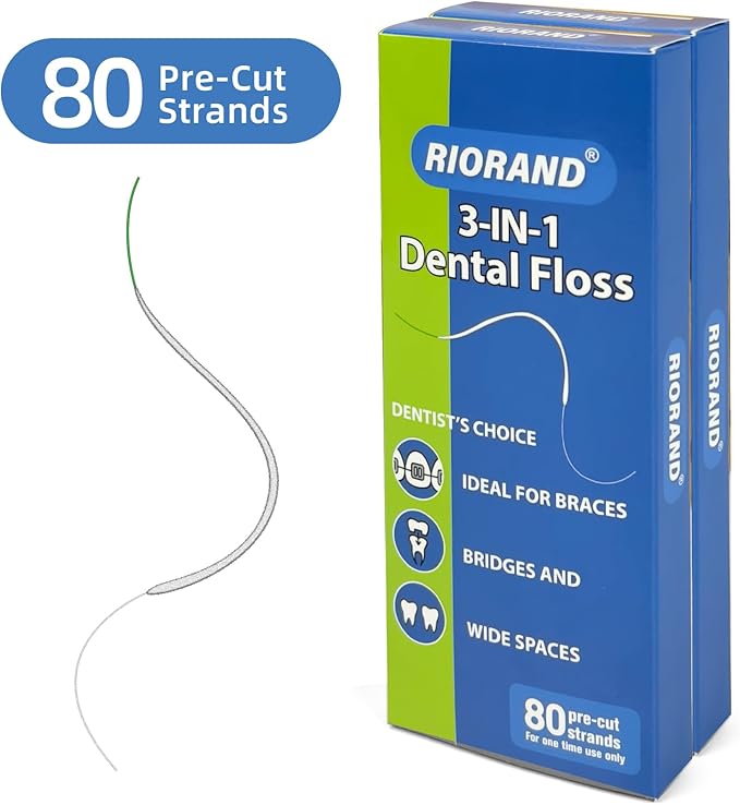RioRand Dental Floss for Braces, Bridges, and Implants, PTFE & PFAS Free Floss, 80 Pre-Cut Strands(Pack of 2)
