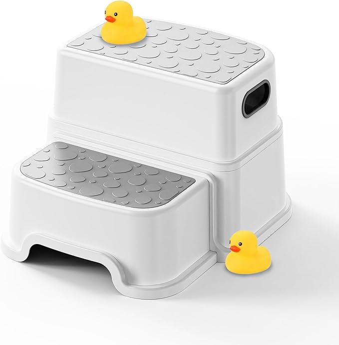 Toddler Step Stool for Kids - Non-Slip 2 Step Stool for Potty Training & Bathroom Sink, Dual Height 9.5", Sturdy Safety Nursery Stool for Kitchen & Toilet (Includes 2 Ducks)