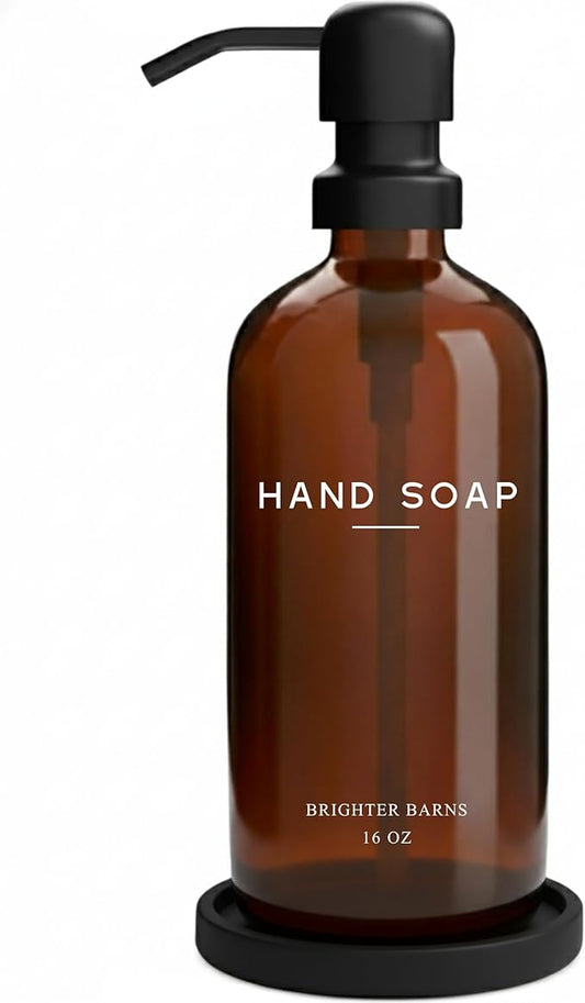 Amber Glass Hand Soap Dispenser Bathroom Set by Brighter Barns - Refillable Liquid Hand Soap Dispenser Tray and Pump Set for Kitchen - Modern Bathroom Decor & Accessories for Airbnb, RV, Hotel (Amber)