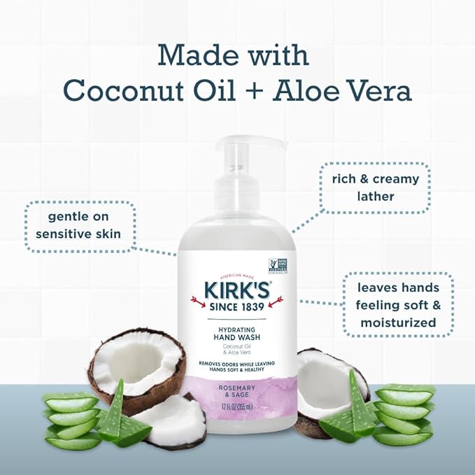 Kirk's Hydrating Hand Wash - Made with Coconut Oil and Aloe Vera, With Odor Neutralizing Technology To Help Eliminate Odors, Non-GMO, Vegan, Rosemary & Sage, 12 Fl Oz. 4 pack