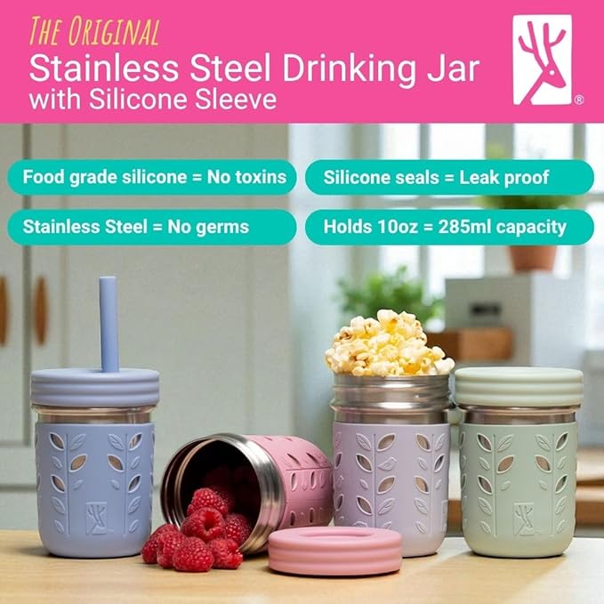 Elk and Friends 14oz Stainless Steel Kids + Toddler Drinking Cups | The Original Mason Jar with Sleeves + Lids | Silicone Straws | Smoothies | Storage Jar | Spill Resistant | Dishwasher Safe | 2 Pack