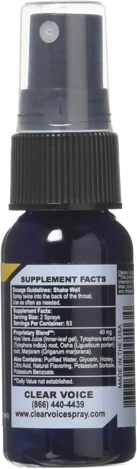 Clear Voice Oral Throat Spray Singing Ease Clarity Soothing Dampener Moisturizer Relief Vocal Eze Reducer Booster Treatment Secret, Made in USA, Honey Lemon Flavor, 1 Fl Oz