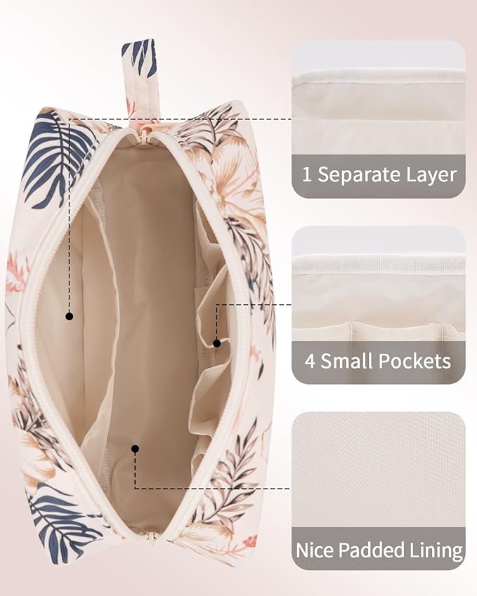 Narwey Cute Makeup Bag Small Toiletry Bag Travel Cosmetic Bag Organizer Make Up Bags with Organized Pockets for Women (Beige Flamingo, Large)