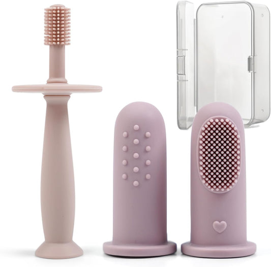 BumbleBee 360° Silicone Toothbrush & Finger Toothbrush Set - Soft Silicone Toothbrush for Baby, Infant Toddler - Baby Training Toothbrush Set Oral Care Kit - Pink Purple
