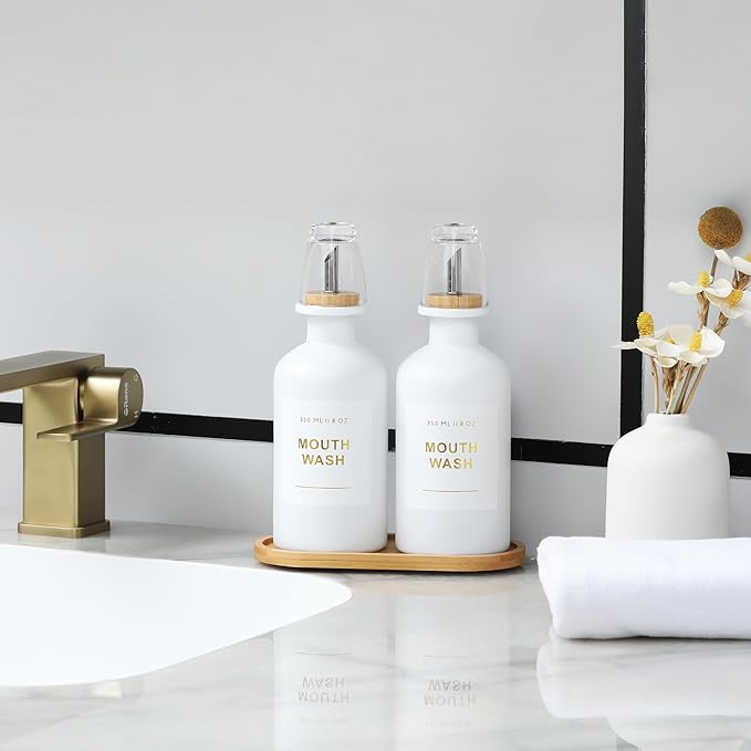 11.8OZ Mouthwash Dispenser for Bathroom with Bamboo & Stainless Steel Pour Spout, Mouthwash Cups Reusable, Bamboo Tray, and Elegant Gold Label. Set of 2（White