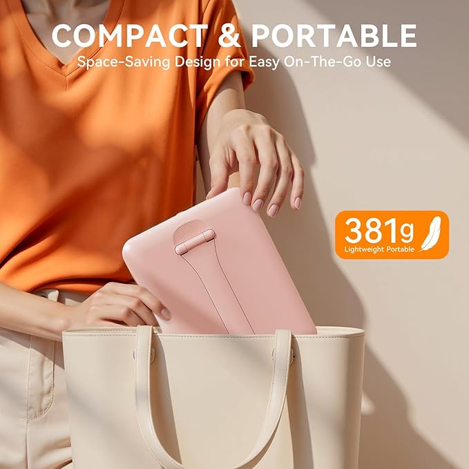 Auxmir Travel Makeup Mirror with 3 Dimmable Color Lights, Portable Foldable LED Lighted Travel Makeup Mirror, Rechargeable Compact Vanity Mirror with Light, Adjustable Height and Angle for Desk, Pink