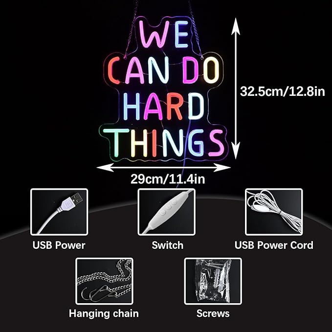 We Can Do Hard Things Neon Sign Classroom Decor Inclusive Decoration Welcome Gift Teacher Present Wall Sign for Primary Schools and Kindergartens Birthday (11.4×12.8)