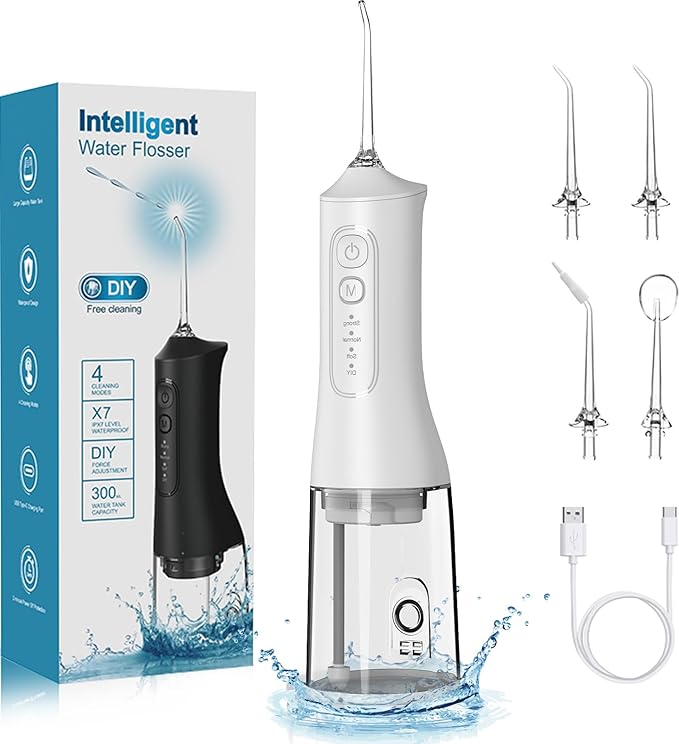 Portable Cordless Water Dental Flosser Teeth Pick 300ML Rechargeable Oral Irrigator with 4 Modes, IPX7 Waterproof,Powerful Flossing for Gum Care, Braces, and Deep Cleaning (White)