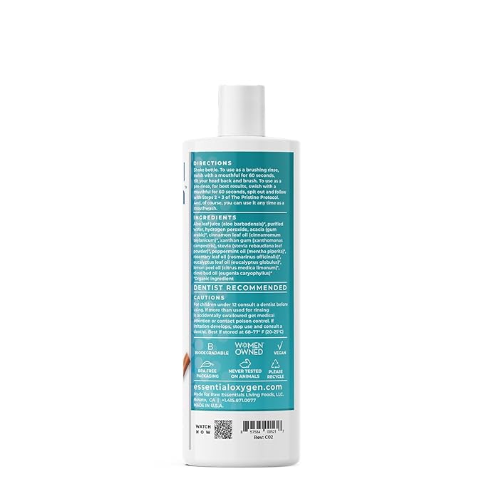 Essential Oxygen, Certified Organic Brushing Rinse, Cinnamint, 16 fl oz, All Natural Mouthwash for Whiter Teeth, Fresher Breath, and Happier Gums, Dentist Recommended, Alcohol-Free, BR (Pack of 1)