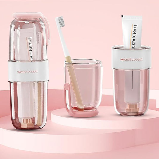 Westwood Travel Toothbrush Case Travel Toothbrush Holder with Cup, Large Toothbrush Container for Toothbrush Toothpaste Razor, Portable Toothbrush Holder with Cover for Home Business School (Pink)