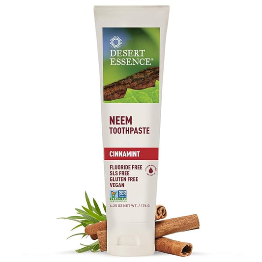 Desert Essence Natural Neem Toothpaste - Cinnamint - 6.25 Oz - Pure Essential Oil - Baking Soda - Complete Oral Care - Sea Salt - Refreshing Taste - Promotes Buildup Reduction