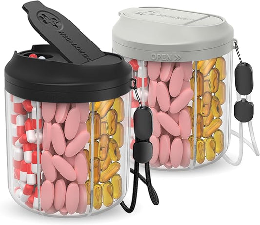 Pill Dispenser with 7 Large Compartments, Pill Organizer for Travel, Supplement Organizer with Anti-Mixing Design, BPA-Free Pill Container with 20 Pcs Labels, Black+ Grey