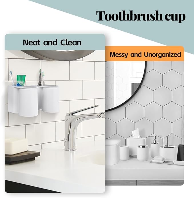 3 Pcs Toothbrush Holder Wall Mounted with Cup, 2-in-1 Toothbrush Holders for Bathroom, Hanging Toothbrush Cup Holder Without Drilling, Magnetic Space-Saving Toothbrush Organizer for Family (3Pcs)