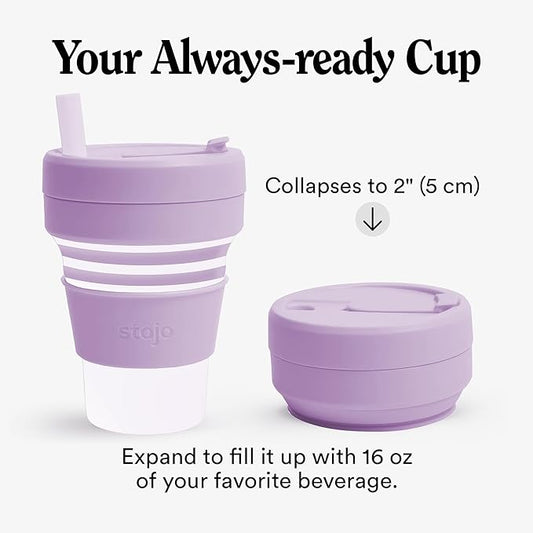 STOJO Collapsible Travel Cup - Reusable To-Go Pocket Size Silicone Bottle for Hot and Cold Drinks - Perfect for Camping - Microwave & Dishwasher Safe (Translucent Lilac, 16 Ounce (Pack of 1))