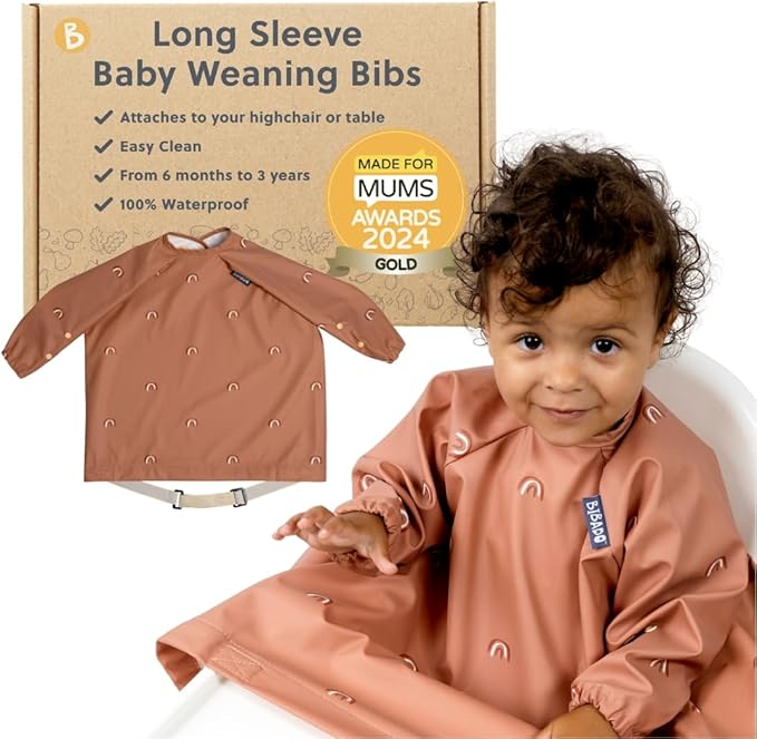 BIBaDO - Long Sleeve Baby Bibs - Babies & Toddlers 6-36 Months - Coverall Baby Led Weaning Bib - Easy Wipe, Soft & Waterproof