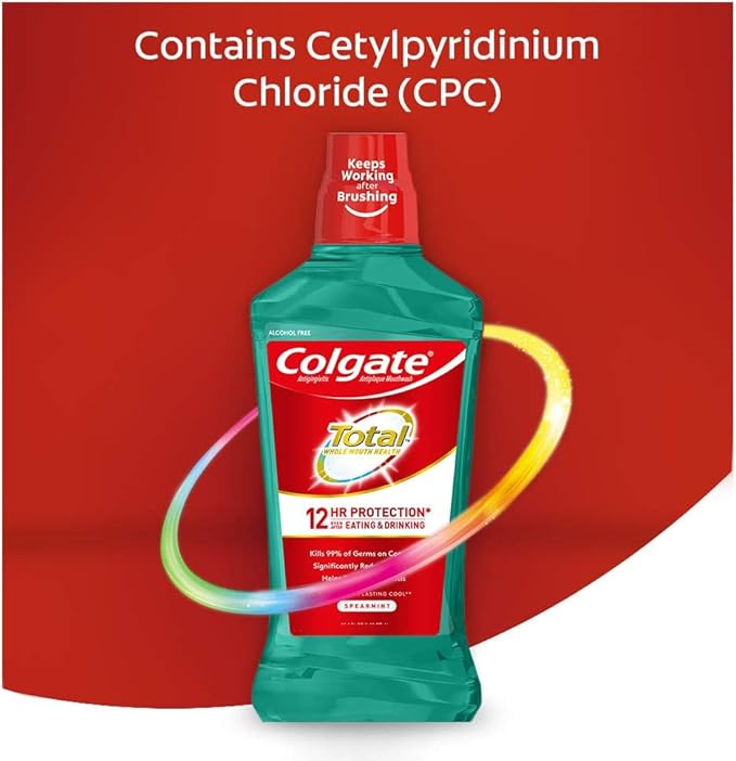 Colgate Total Pro-Shield Alcohol Free Mouthwash, Antibacterial Formula, Spearmint - 500 mL, 16.9 Fluid Ounce (6 Pack)