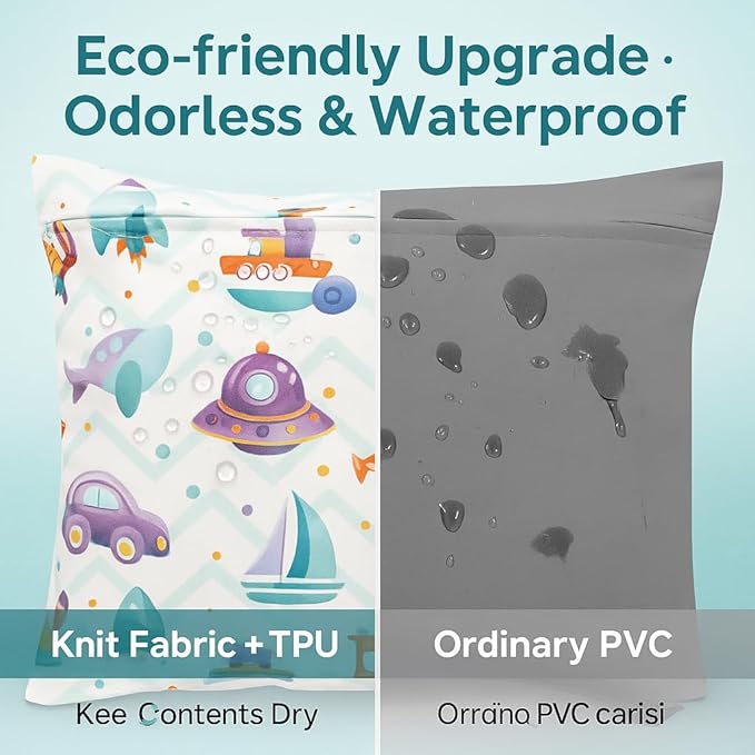 Waterproof Wet Dry Bag, Reusable Diaper Pouch with Zipper, Machine Washable Travel Organizer for Beach, Daycare, Kids, Dinosaur Pattern (Purple UFO)