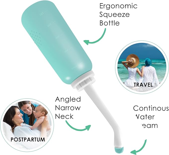 RUFCRIL Peri Bottle, Portable Travel Bidet with Bag, TPE Material Can Be Boiled, 17oz/500ml with 2 Sealing Rings,Essentials for Postpartum Perineal Care,Feminine Cleansing,and Baby(Green)