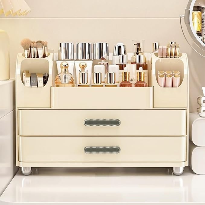 Makeup Organizer with Drawers for Vanity,Bathroom Countertop Organizer with Brushes Holder,Skincare Storage Organizer,Perfect Cosmetic Display Case for Your Beauty Essential (All Cream)