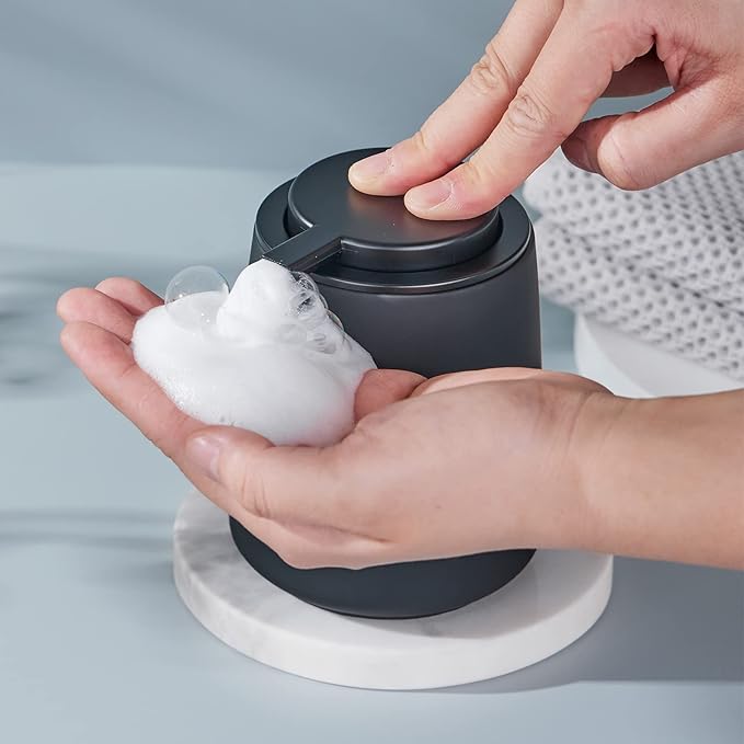 12Oz Foam Hand Soap Dispenser - Black Foaming Soap Dispenser Bathroom with Easy-to-Press Pump, Refillable Liquid Lotion Hand Soap Dispenser, Ceramic Kitchen Dish Soap Dispenser Hand Wash Dispenser