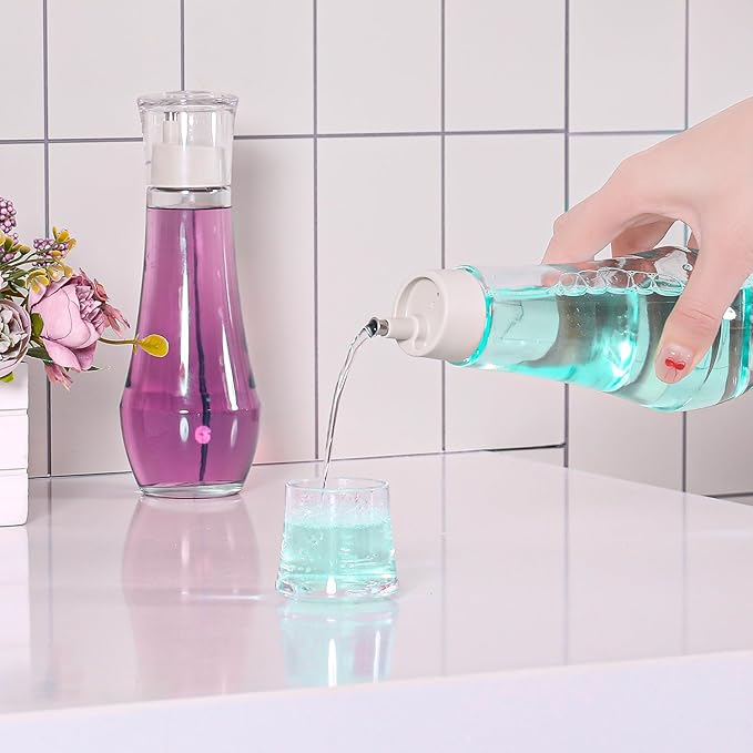 Mouthwash Dispenser, Glass For Bathroom, Glass Mouth Wash Dispensers With Cup, Mouthwash Container Bottle Holder For Adults/Kid, 8.8 OZ, 1P