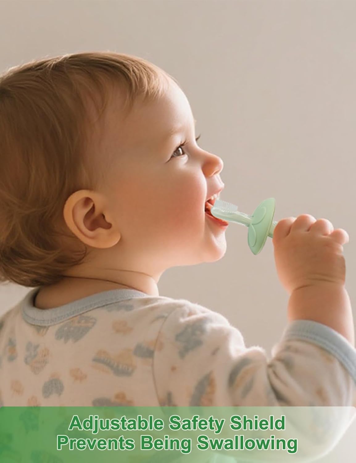 Baby Toothbrush & Teether for Infant and Toddler, Silicone Baby Oral and Tongue Cleaner, Ultra Soft Infant Training Toothbrush with Travel Case, Adjustable Safety Shield - Green