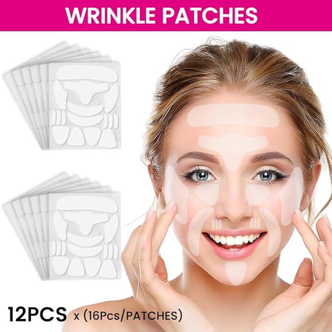 Kaely Wrinkle Patches for Face Overnight, Silicone Scar Tape for Wrinkles Forehead, Smile Line, Face Tape for Wrinkles Overnight Sleeping Lifting Sagging Skin, 192 Pcs (12 Sheets of 16 Patches)