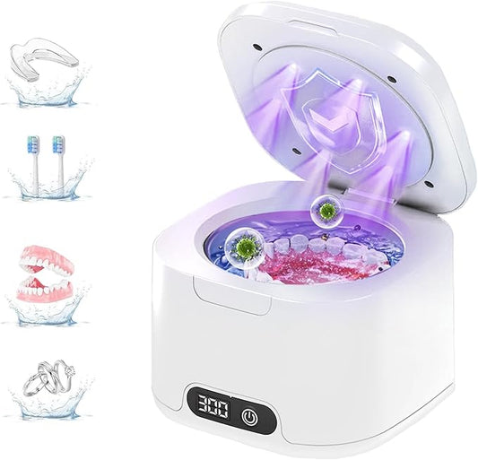 Ultrasonic Retainer Cleaner with UV, 300ML, 49kHz, Dental Cleaning Pod for Dentures, Aligners, Night Guards, Braces, Toothbrush Heads, Jewelry, Mouth Guard, 4 Modes with Digital Timer