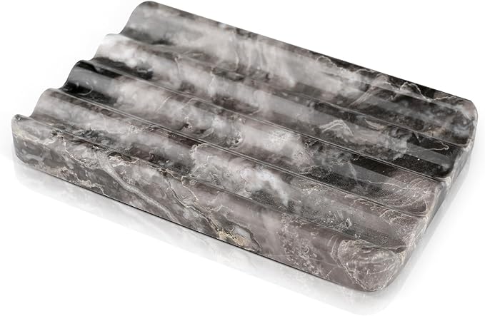 Marble Soap Dish, Bar Soap Holder Shower, Brown Soaps Saver with Water Ripple Design, Easy Cleaning Stone Sponge Holder for Kitchen Sink，Bathroom, Executive Natural Stone Soap Tray