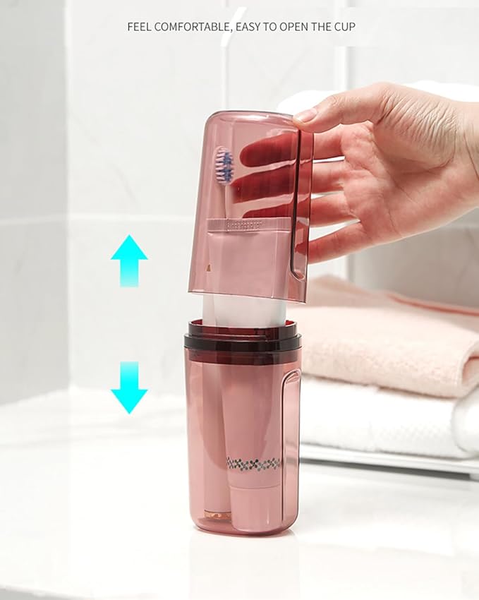 Travel Toileting Cup,Portable Mouthwash Cup,Transparent Toothbrush Cup Holder with Cover,Toiletries Toothpaste Toothbrush Storage Box Carrier Container for Travel Camping Home School Business Trip,Red