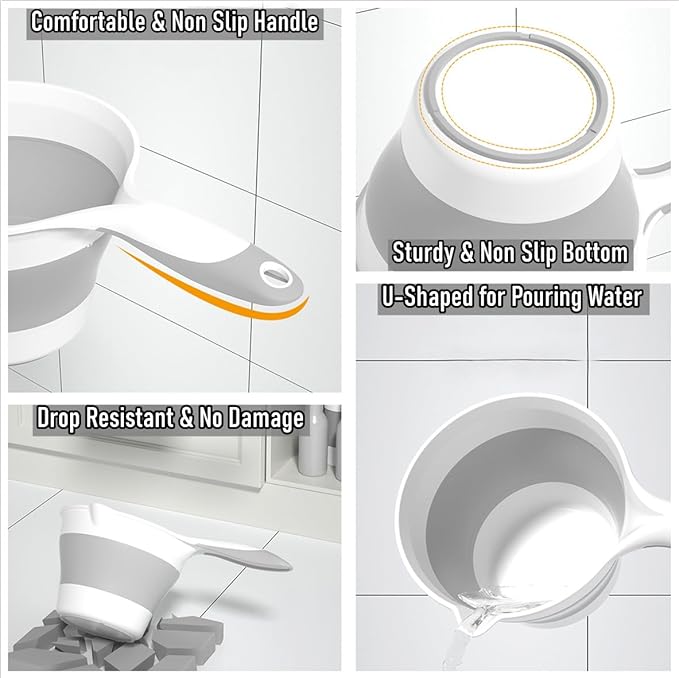 Collapsible Plastic Water Ladle Folding Scoop for Bath Soaking Cleaning, Portable Water Pourer Dipper Spoon for Camping Travel, Small Shower Bucket Basin Tub Rinse Cup Mug for Hair Washing, Gray