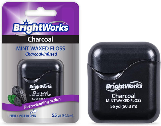 BrightWorks Activated Charcoal Dental Floss - 55 Yards (Pack of 4) - Infused Waxed with Natural Fresh Mint Flavor for Oral Care, Dental Hygiene, and Gum Health
