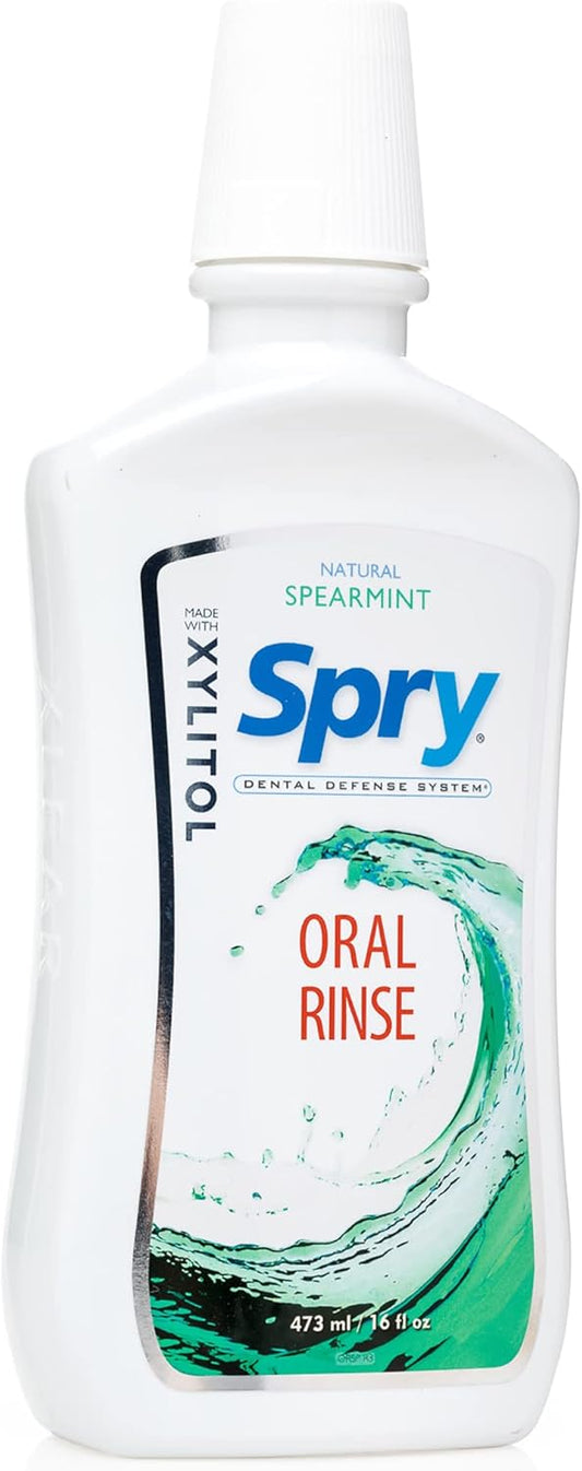 Spry Natural Xylitol Mouthwash Fluoride Free with Enamel Support, Gentle Alcohol Oral Rinse, Non-GMO, Spearmint - 16 fl oz (Pack of 2)
