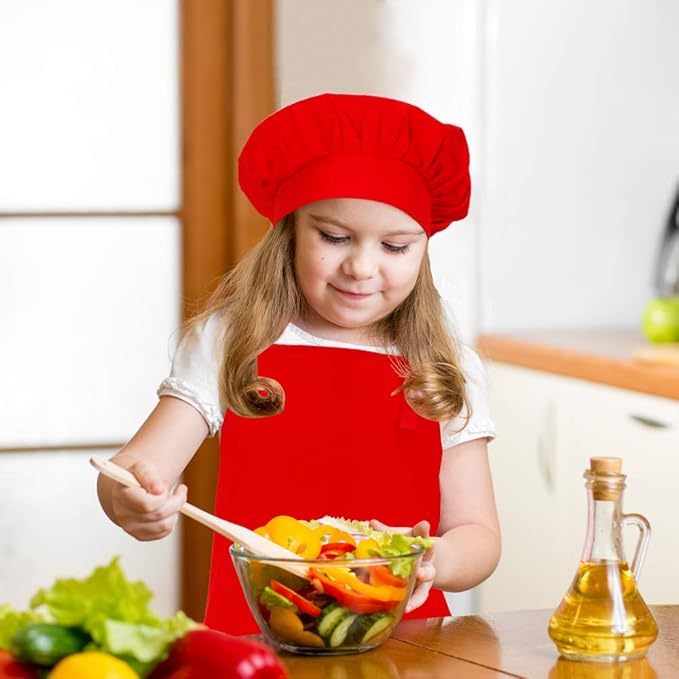 Kids Apron and Chef Hat Set, Adjustable Cotton Child Aprons with Large Pocket Red Girls Boys Kitchen Bib Aprons for Cooking Baking Painting