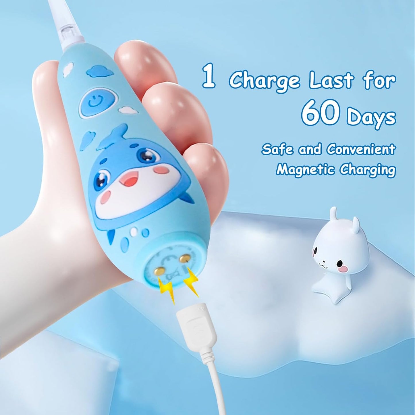 teeteck Electric Toothbrush for Kids - Toddler Electric Toothbrush with Magnetic Charging, Includes 2 Brush Heads, Magnetic USB Charging Cable for Ages 1-6 Boys Girls (Blue)